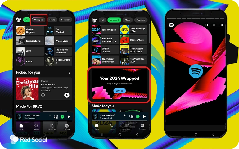 Mobile interface showing Spotify Wrapped 2024 features and playlists
