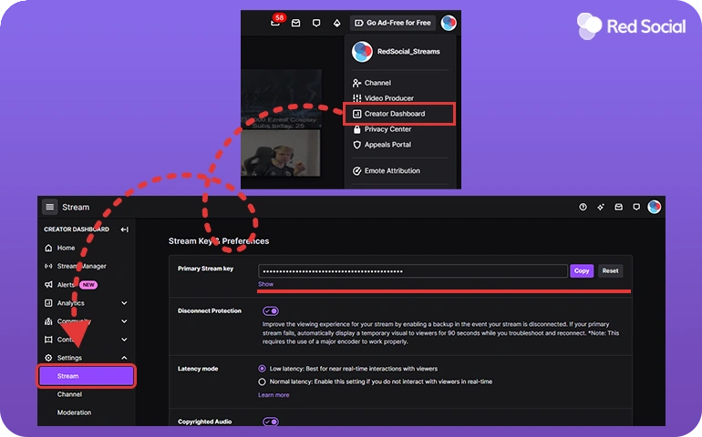 Twitch creator dashboard showing steps to find the stream key