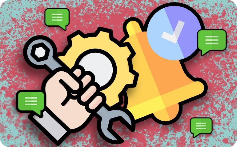 Illustration of a wrench, gear, notification bell, and message bubbles, symbolizing fixing issues with YouTube reply notifications.