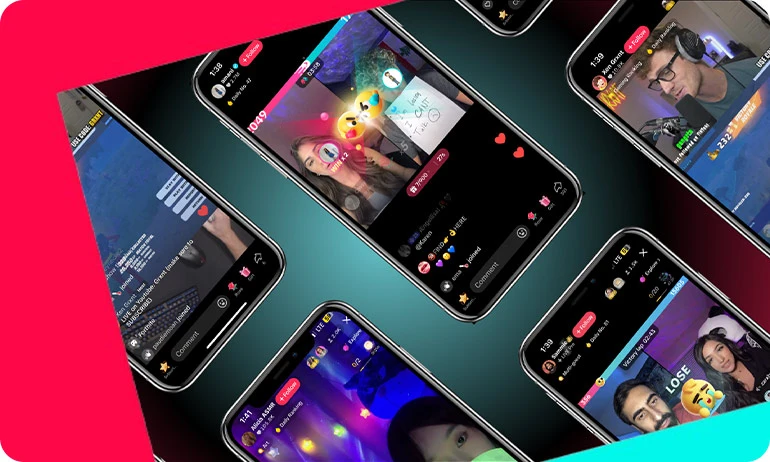 Multiple TikTok Live sessions displayed on mobile phones, showing different creators interacting with their audiences.