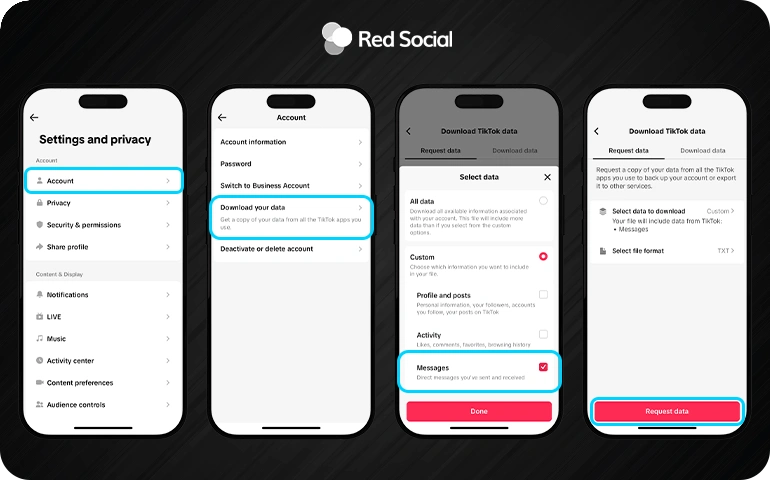 Four phone screens showing steps to request TikTok data including selecting messages to recover chats.