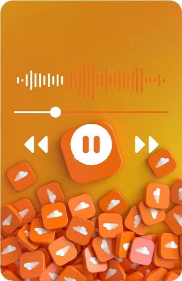 SoundCloud logo icons scattered with a music player interface on a yellow background.