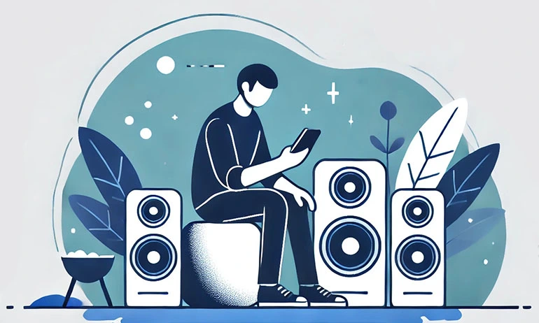 Illustration of a man staying next to speakers, on their phone.