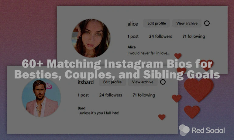 Matching Instagram bios for besties, couples, and siblings with profile previews and heart icons