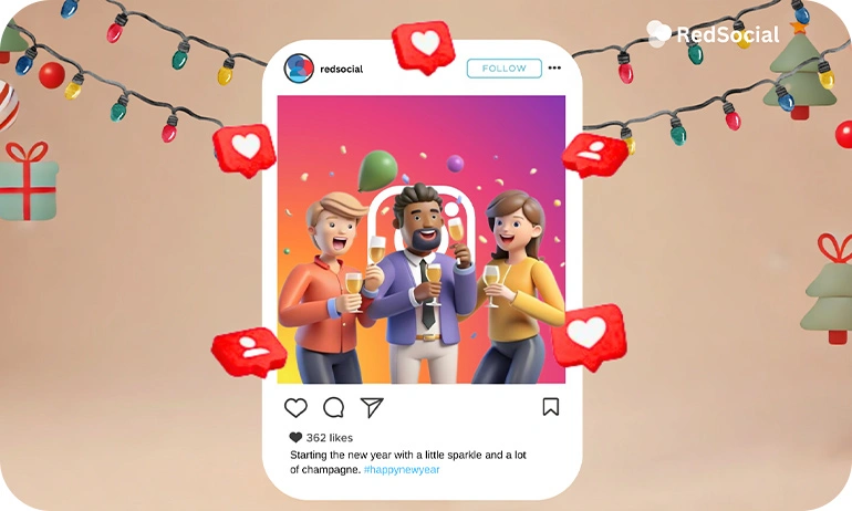 Instagram post featuring three people celebrating with champagne, captioned with new year wishes.