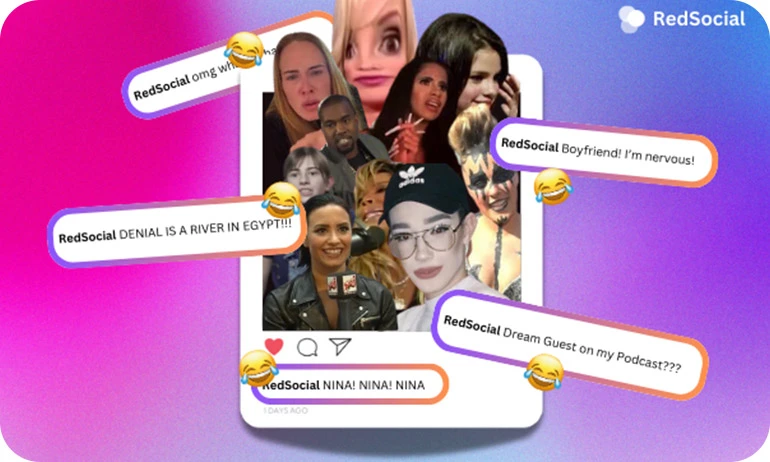 Graphic featuring a collage of popular celebrity memes with humorous captions from RedSocial, overlaid on a vibrant background.