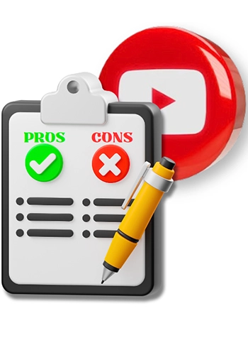 Clipboard with a pros and cons checklist next to a YouTube play button icon, symbolizing weighing the benefits and drawbacks of buying views.