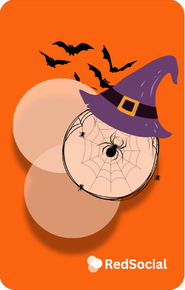 A Halloween-themed Instagram profile icon with a witch’s hat and bats flying around a spiderweb.