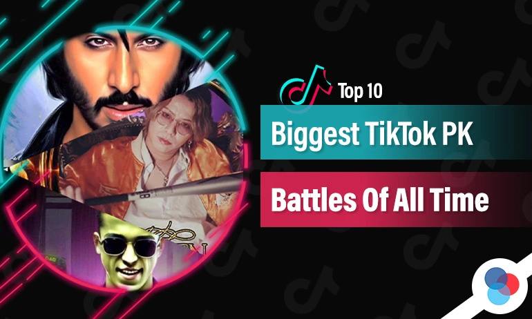 Blog header showcasing a montage of famous TikTok creators, titled "Top 10 Biggest TikTok PK Battles Of All Time" framed with vibrant neon accents.