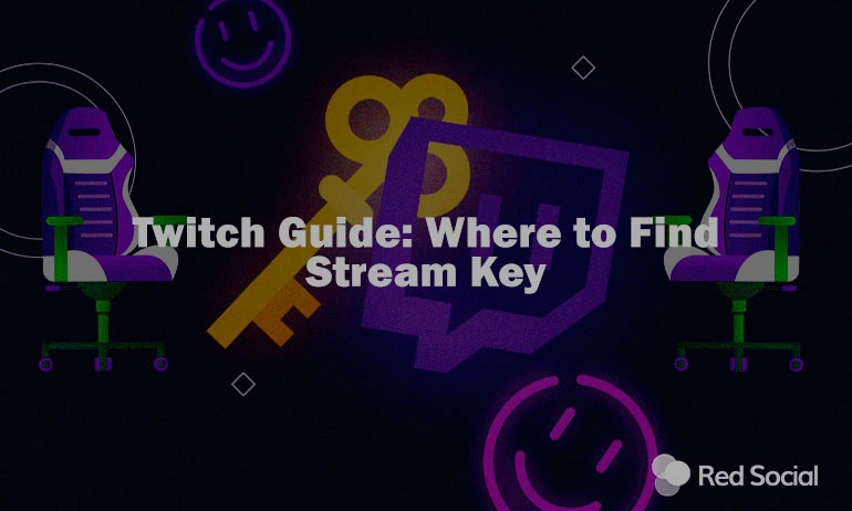 Twitch guide banner with logo, gaming chairs, and stream key icon