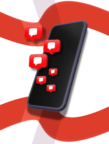 A smartphone with red comment bubbles floating around it, against a red and white wavy background.