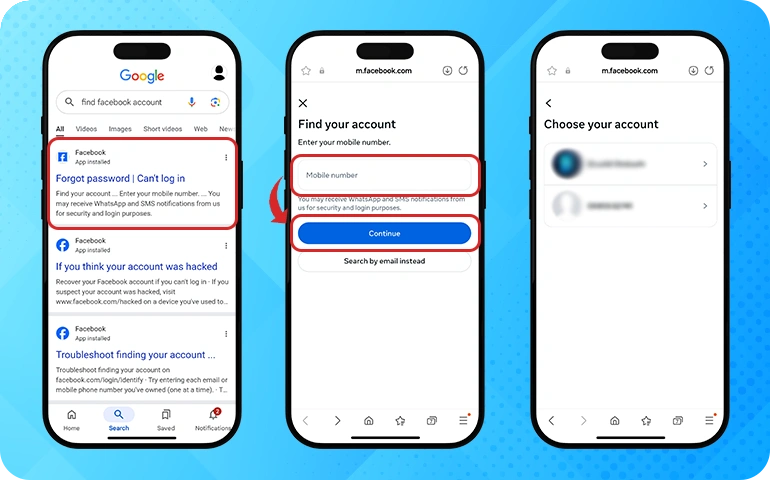 steps showing how to use Facebook’s password recovery page with a phone number