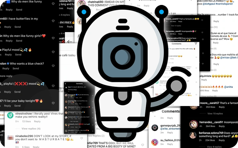 Instagram bot icon surrounded by multiple user comments, illustrating the prevalence of bots on the platform.