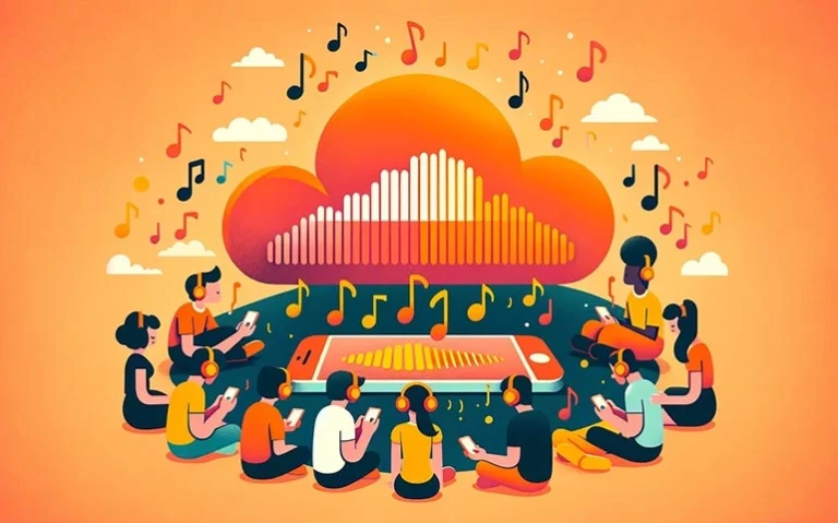 people with headphones gathering around a big phone with the soundcloud cloud on top