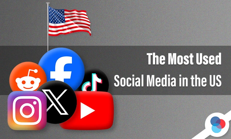 Collection of popular social media logos, including Instagram, Facebook, TikTok, YouTube, and X, next to the US flag and a title about the most-used platforms.