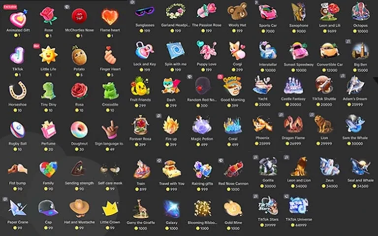 a list of tiktok live gifts and their price in tiktok coins