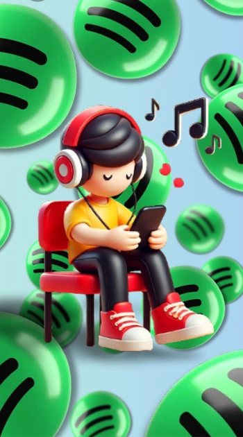 Smartphone with the Spotify logo and headphones, surrounded by floating spheres and soundwave graphics