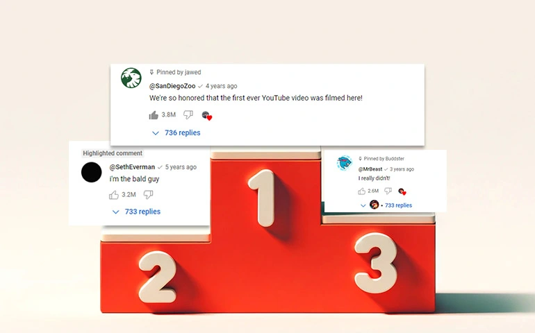 podium showcasing the 3 most liked comments on youtube