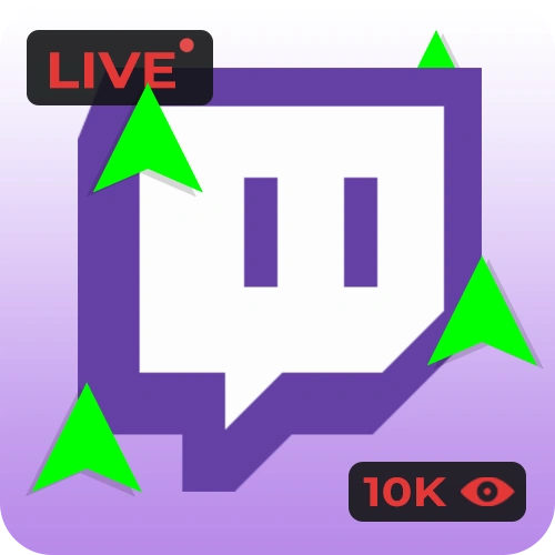 Twitch logo with live badge and green arrows showing 10K viewers