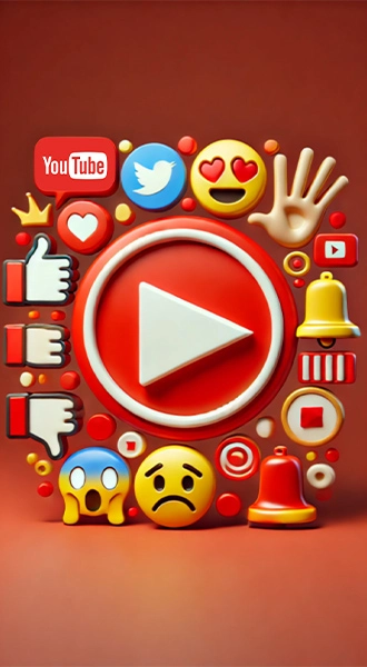 A colorful grid of emojis and social media icons surrounding a red play button.