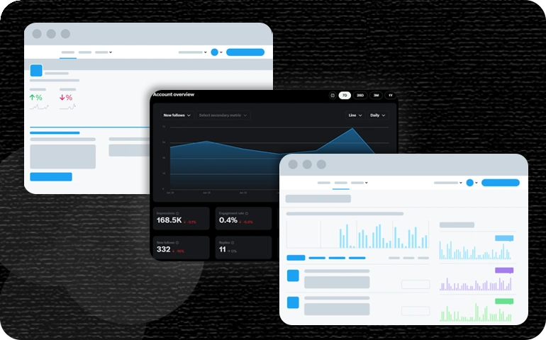 Multiple analytics dashboard windows showing twitter insights and account overview, representing future potential features for viewing who sees tweets.